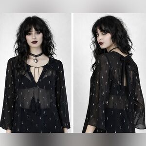 & And Other Stories Sheer Silk‎ Voile Blouse Metallic Feather Print Size 10